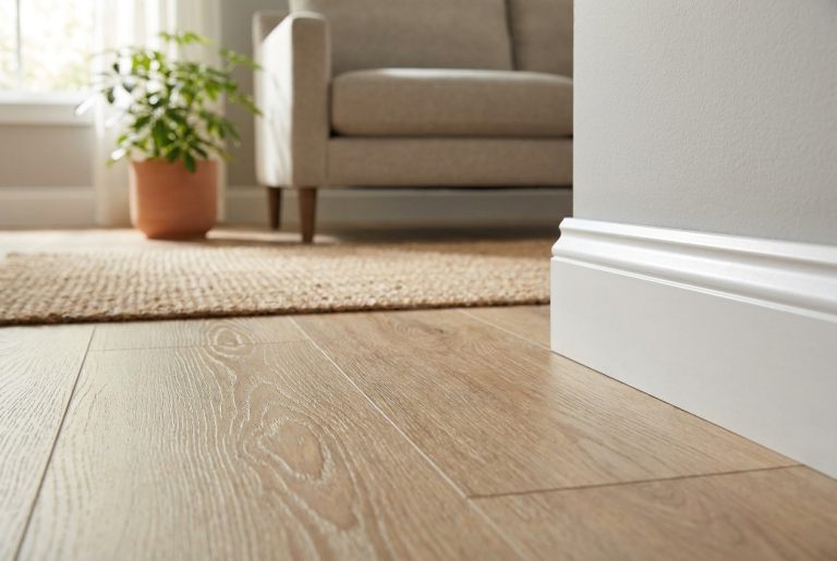 Piso vinílico amadeirado com rodapé branco